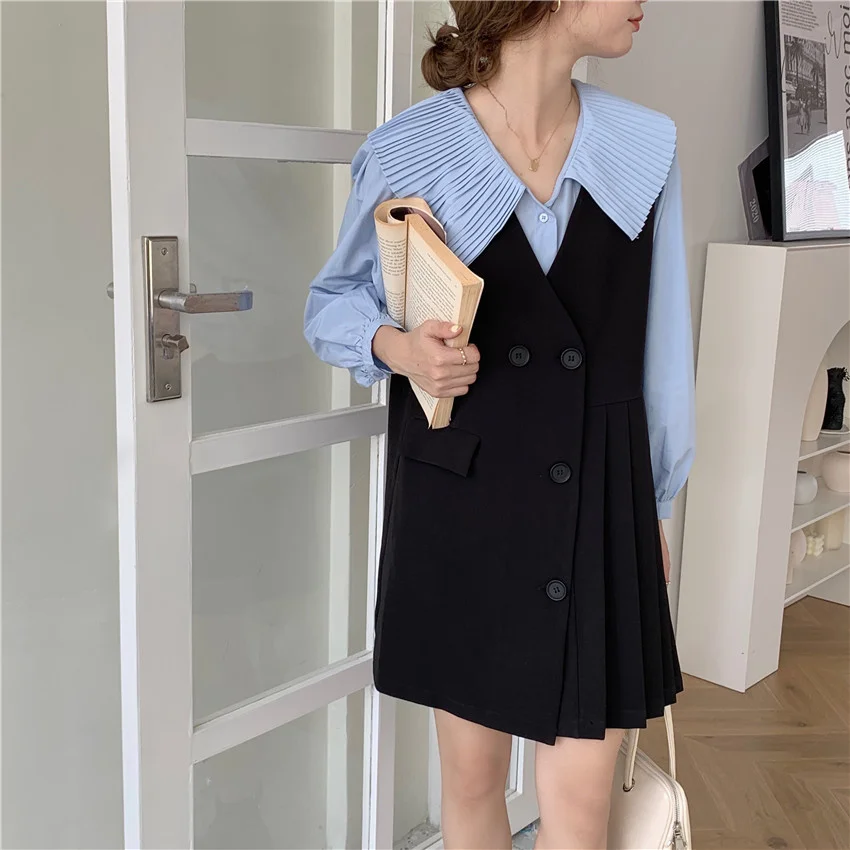 

Women Chic Dress Suit Office Lady Spring Autumn Loose Doll Collar Shirt French Retro Pleated Suit Vest Dress Two-piece Suit