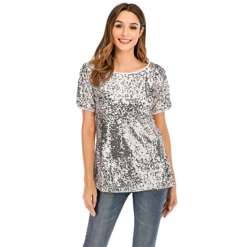 Women Fashion Ladies Stylish Solid Color Glitter Sequined Oblique Neck Short Sleeve Shirt Summer Casual Pullover Tops Blouse | Женская