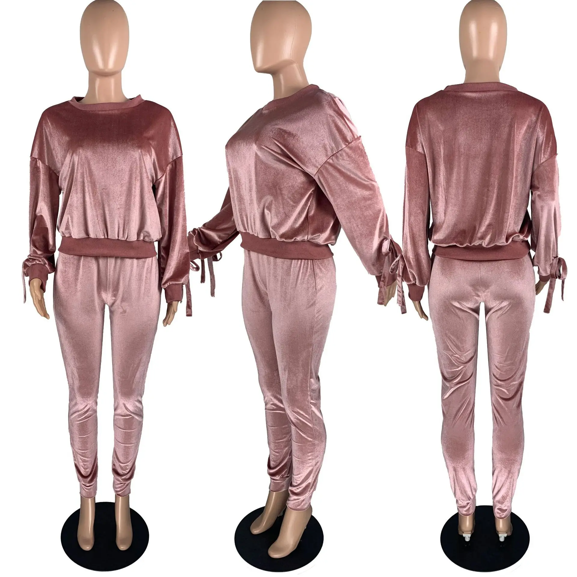 

HAOOHU 2 Pieces Suit Set Women's Solid Color Velvet Long Sleeve Pullover+ Long Pants for Spring Fall Costume Ladies Clothing