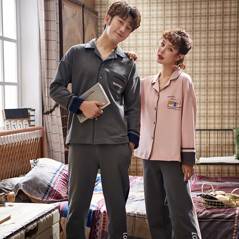 

Lovers Homedress Pajamas Sets Women Lapel Long sleeve nightgown trousers Sleepwear Cotton Cardigan Couples Casual Home Clothing