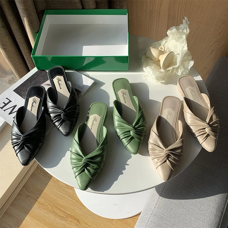

2021 New Spring Summer Leather Low Heel Women Shoes Casual Slippers Mules Shoes Woman Slippers Fashion Slippers Heels Plus41
