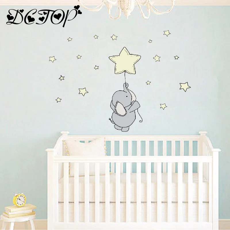 Cute Cartoon Nursery Elephant and Rabbit Wall Decals DIY Stars Stickers For Kids Baby Room Home Decortion Funny Art Vinyls Mural | Дом и сад