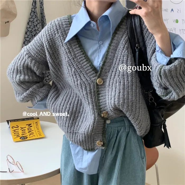 

Новинка Осень-зима 2020 nian, верхняя одежда с V-образным вырезом и длинными рукавами, свитер, пальто, женский свободный и ленивый стиль, вязаный ...