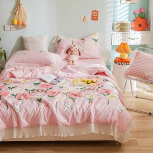 Flowers Print throw Duvet Washed Cotton Throw Blanket Bedding Summer Soft Breathable 100% Cotton Quilt Princess Lace Comforter
