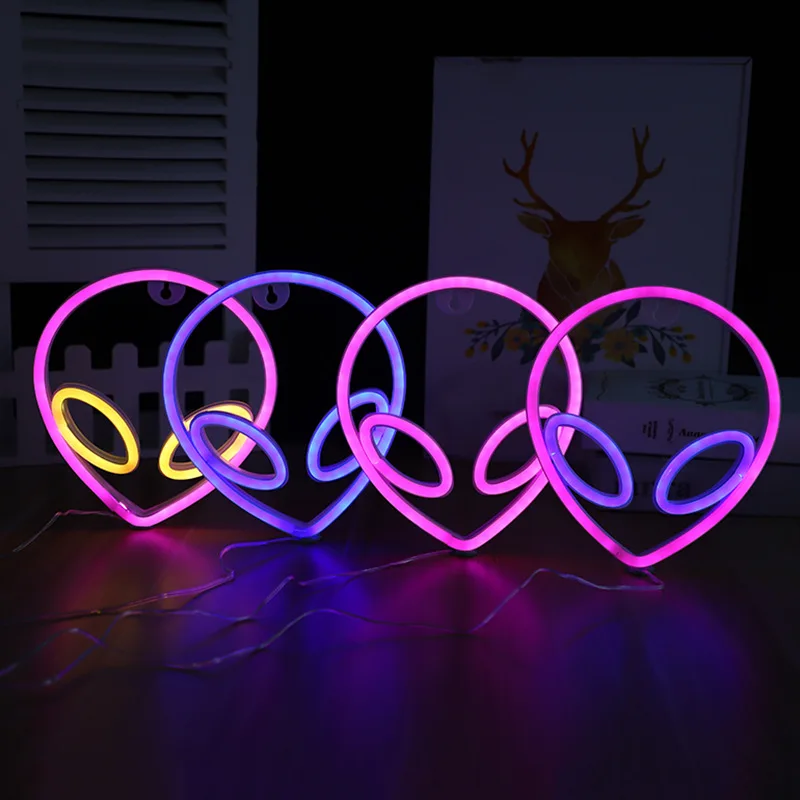 

LED Light Alien Face Neon Sign Battery or USB Powered Indoor Wall Hanging Art Night Lamp for Kids Bedroom Wedding Party Decorat