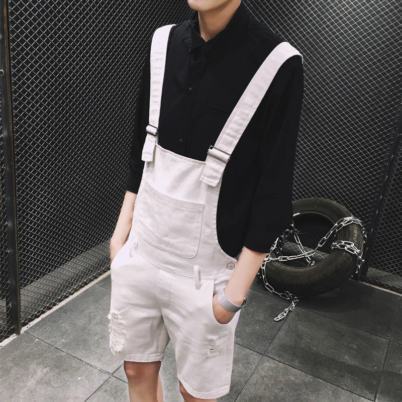 

2020 Summer Fashion Men's Shorts Bib Overall Jeans Short Male Casual Ripped Denim Jumpsuits Jeans Shorts Pants Khaki White Black