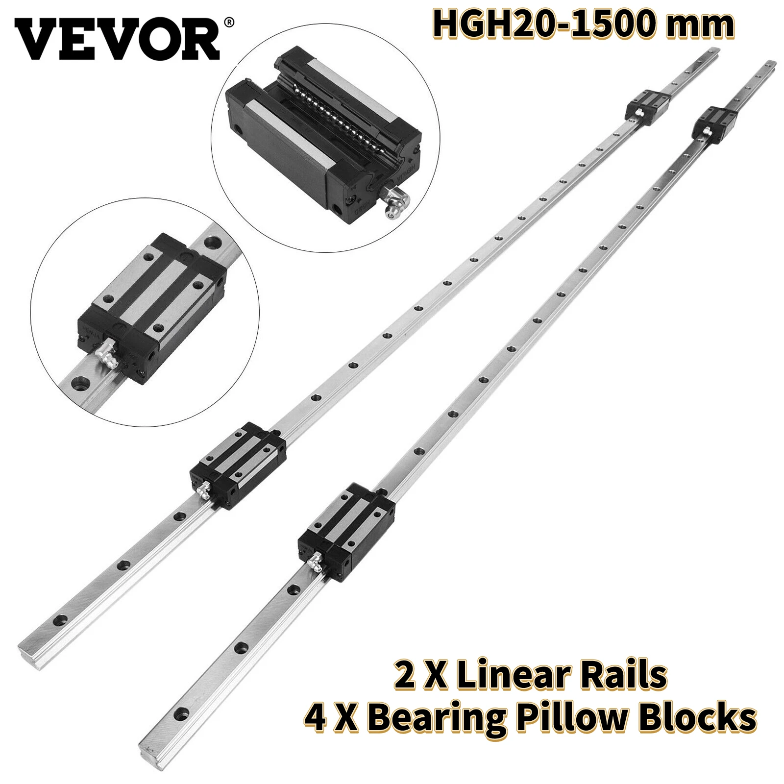 

VEVOR HGH20-1500mm 2PCS Linear Guideway Rail + 4PCS Bearing Pillow Blocks Low Noise Linear Actuator for DIY Routers Mills Lathes