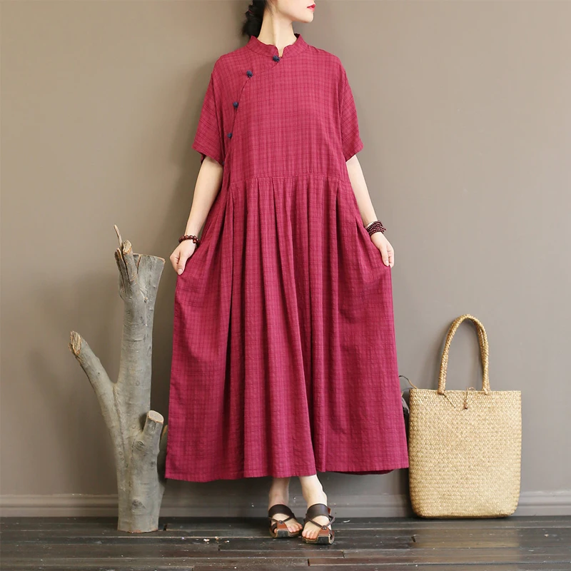 Женские длинные платья Johnature в национальном винтажном стиле с воротником стойкой