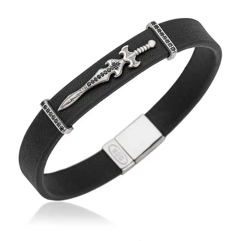 

Silverlina Silver Sword Figured Leather Male Bracelet