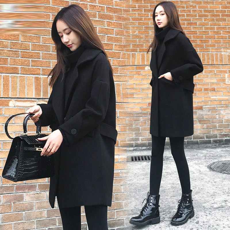 

Korea Fashion Autumn Winter Woolen Coat Turn-down Collar Loose Casual Long Black Coats Single Button Jackets Plus Size Coat D333
