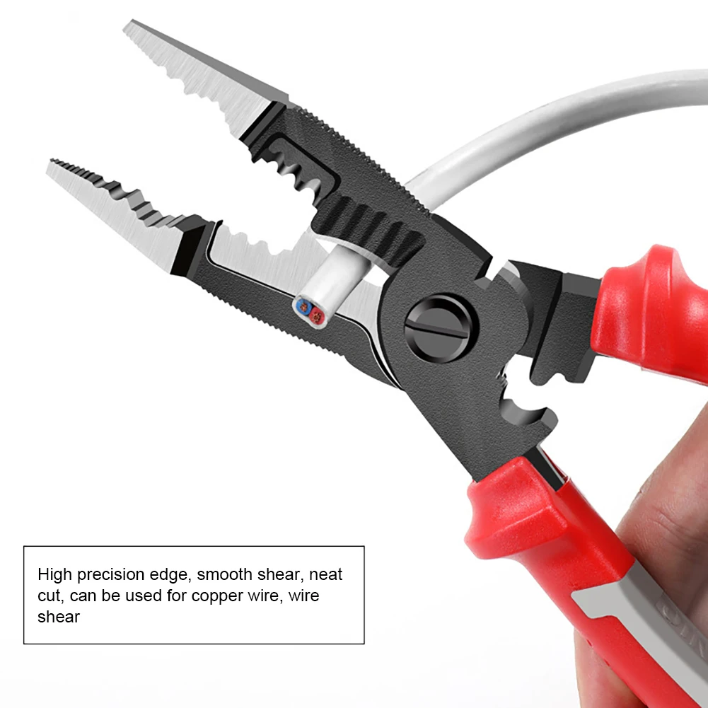 Многофункциональный электроинструмент "9 в 1" с длинными круглыми зубцами, комбинированным кримпером, стружкорезом и диагональными ножницами.