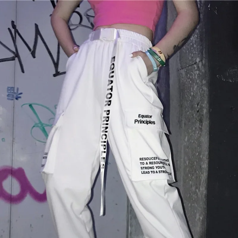 

White Black Pencil Harem Pants Women With Belt Summer Thin Hip Hop Pants High Waist Harajuku Streetwear Cargo Pants Unisex