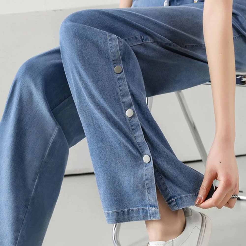 

Large Size 4XL Tencel Jeans Women's 2021 Summer Ultra-thin High-waisted Thin Wild Loose Wide-leg Chic Slits Pant Women Trousers