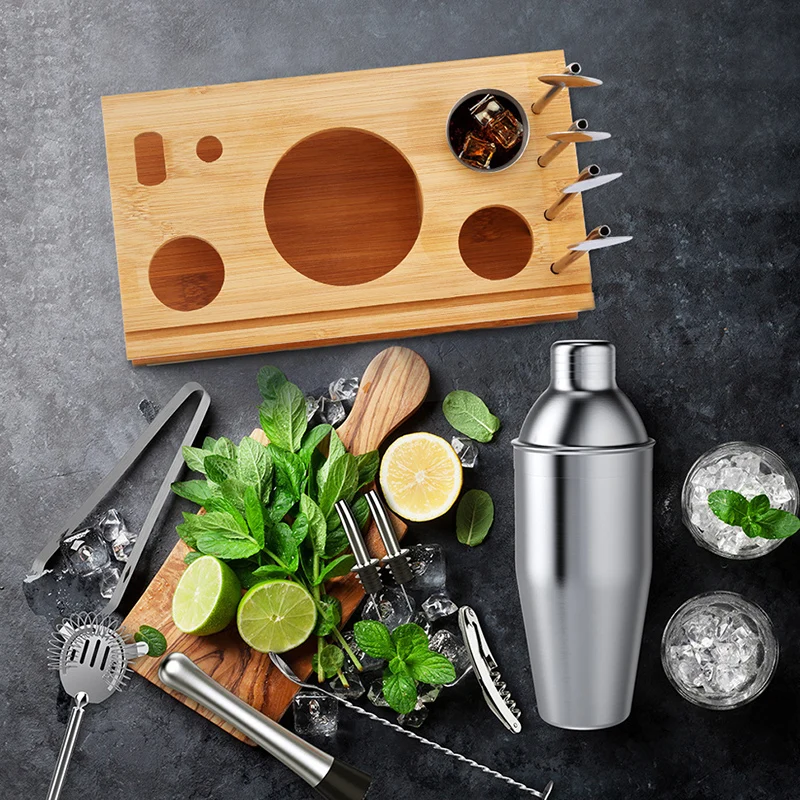 

new Cocktail Set 14 Piece Stainless Steel Cocktail Shaker Set with Bamboo Stand Bartender Kit Home Bar Set Cocktail Shaker