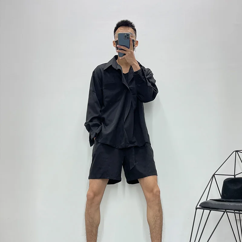 Men's Two Piece Suit Summer Solid Color Irregular Design Fashion Street Style Simple Baggy Long Sleeve Shirt Baggy Shorts
