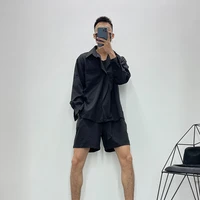 mens two piece suit summer solid color irregular design fashion street style simple baggy long sleeve shirt baggy shorts