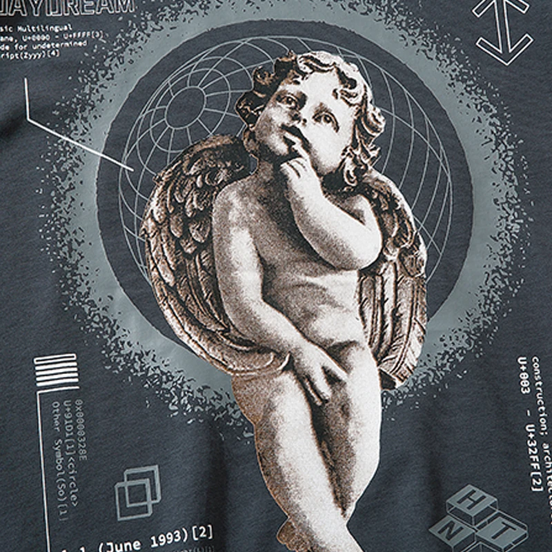 

Bonita Vida Tees Shirts Thinking Angel Print Short Sleeve Tshirts Streetwear Mens Hip Hop Harajuku Casual Loose Cotton Tops