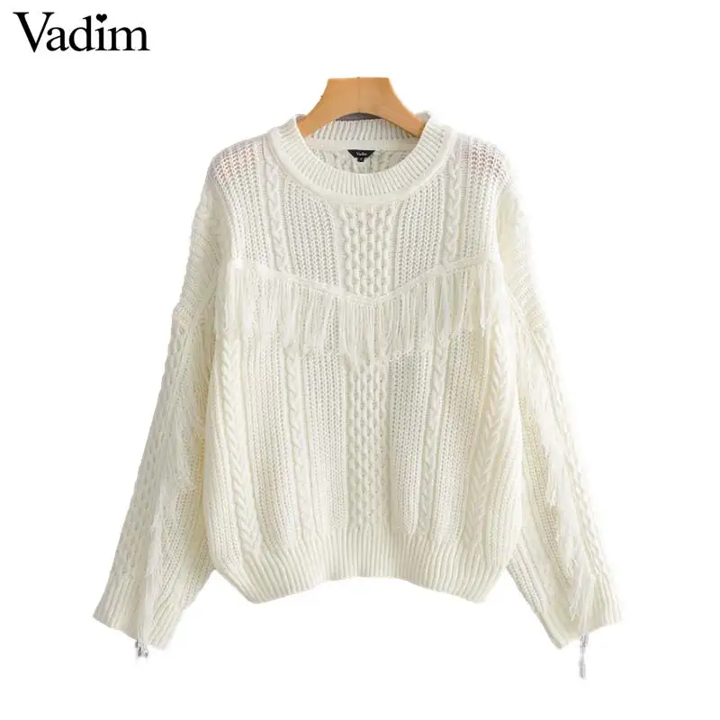 Vadim милый Женский Белый Вязаные свитеры с кисточками в стиле пэчворк Длинные
