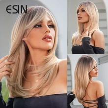 ESIN Synthetic Wig Long Brown Wigs for Women Ombre Layered Hair with Dark Roots