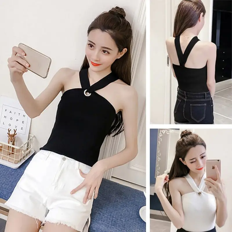 

Women's tube tops solid color across hanging neck sexy strapless knit camisole outside wear slimming all-match bottoming top