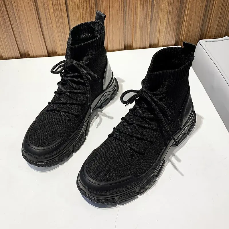 

HQFZO Breathable Women Ankle Boots Spring Autumn Elastic Fabric High Top Women Shoes Casual Sneakers Platform Lace Up Botines
