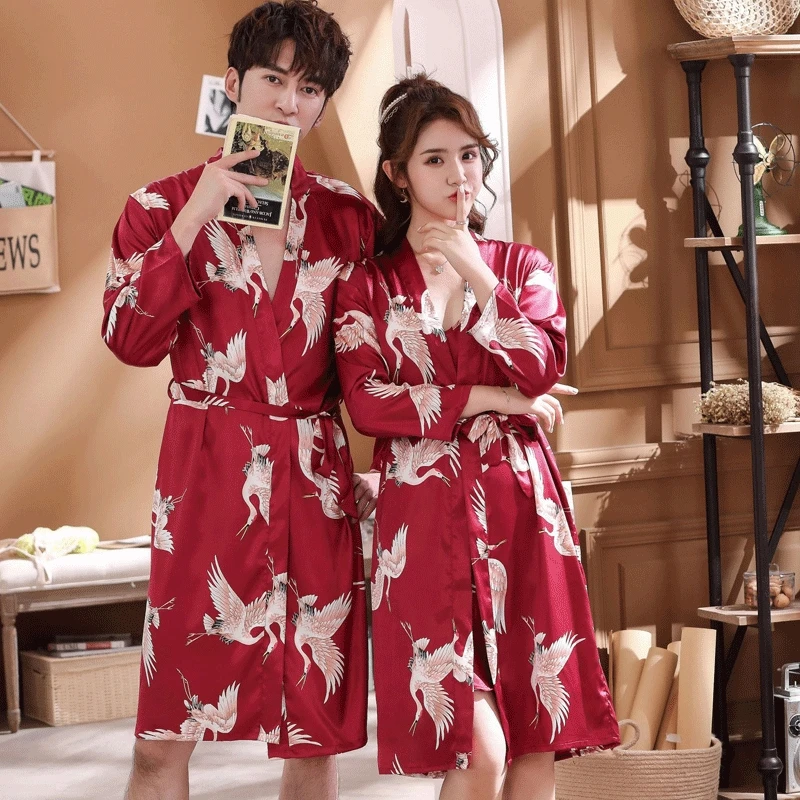 

Couple Home Wear Satin Sleepwear Set Crane Print Pajamas Pijamas Men Satin Pyjama Women Home Suit
