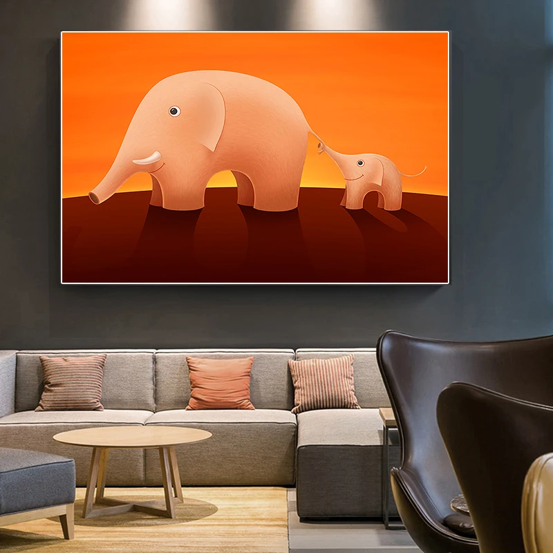 

Orange Elephant and Baby Elephant Canvas Painting Posters and Prints Animals Wall Art Pictures Creative Home Decor