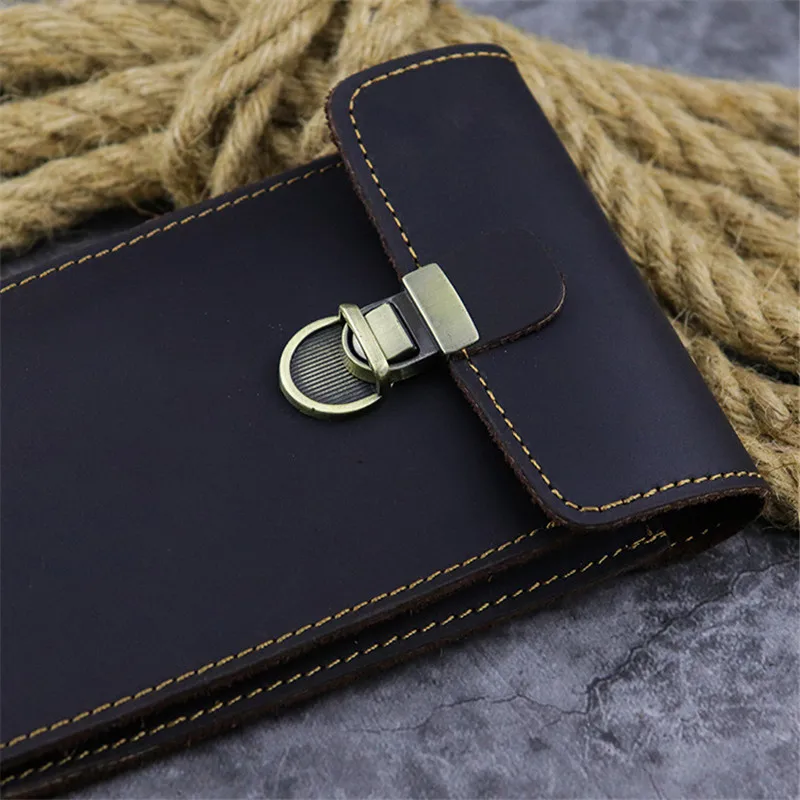 Simple fashion genuine leather men's buckle phone waist packs high quality natural crazy horse cowhide thin small storage bag
