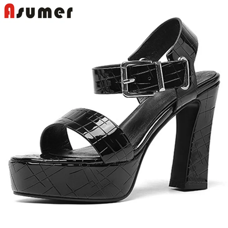 

Asumer 2021 Newest High Heels Platform Sandals Women Patent Leather Buckle Summer Sexy Dress Party Shoes Women Sandals Black