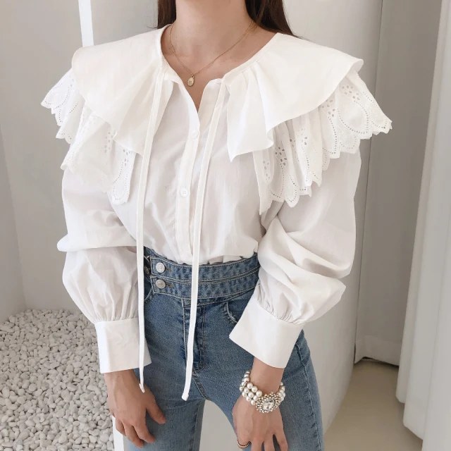 

Korean Ins Niche Design Versatile Top Western Style Youthful-Looking Lace Stitching Tied Doll Collar Long Sleeve Shirt