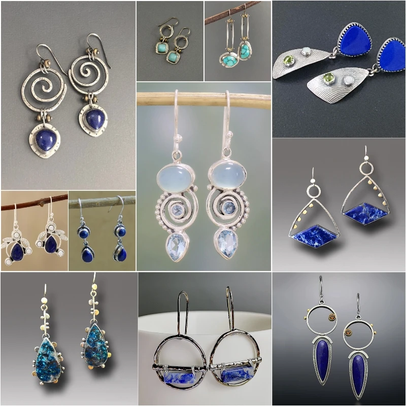 

Винтажные полые спиральные синие серьги-капли с камнями, женские этнические ювелирные изделия, металлические антикварные серебряные серьг...