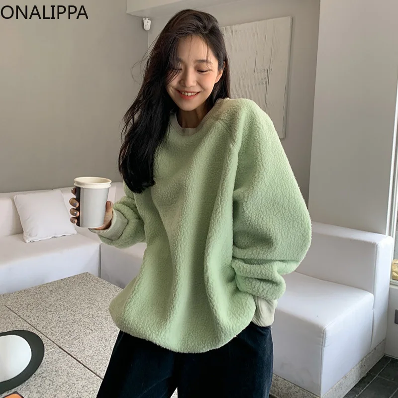 

Толстовка ONALIPPA, осень 2021, Корейская игривая свободная однотонная Вельветовая теплая толстовка с круглым вырезом и овечьей шерстью