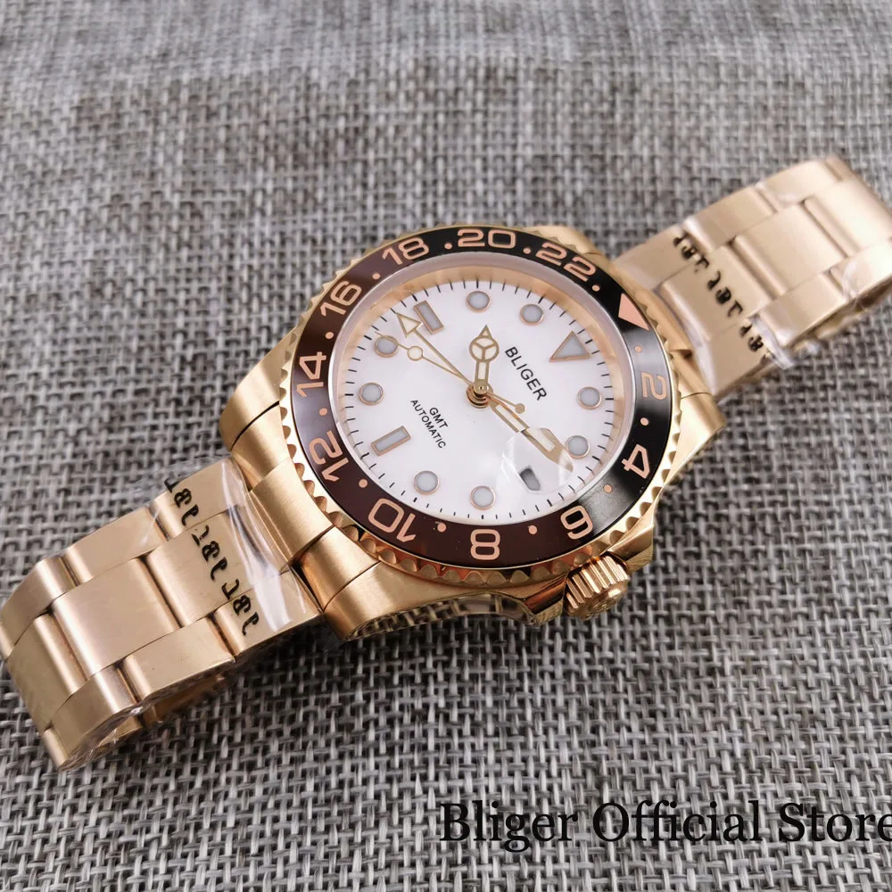 BLIGER Rose Gold Automatic Men Wristwatch Sapphire Glass Rotating Bezel GMT Hand White Dial Deployment Clasp | Наручные часы