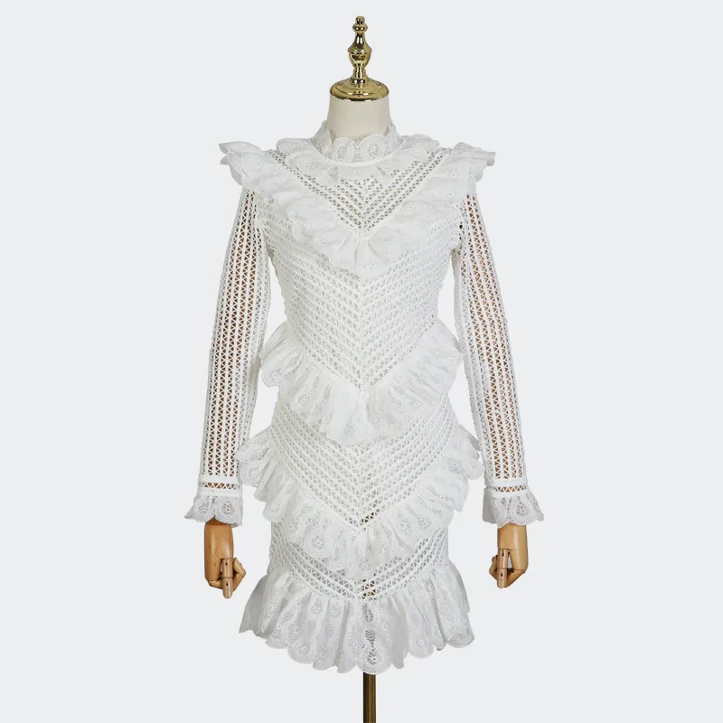 

French Niche Dress Heavy Embroidery Short Skirt Hollow Stand Collar Stitching Lace Lotus Leaf Cake Skirt Dress Bridal Party