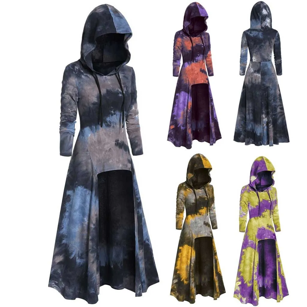

Womens Fashion Tie-dye Printed Long Sleeve Hooded Plus Size Vintage Irregular Medieval Costumes Long Capes Cloak Dress Tops#g3