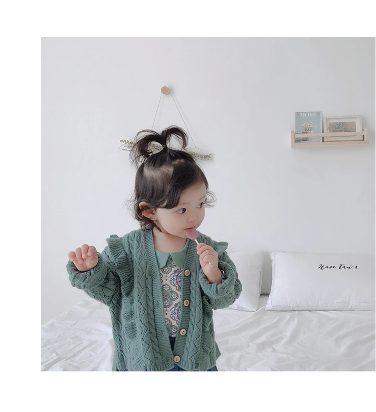 Демисезонный милый однобортный кружевной свитер с V образным вырезом для девочек