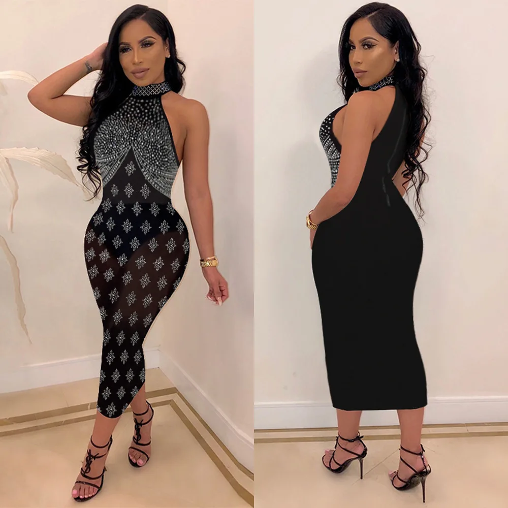 

Chocomist Dresses Sexy Party Wear Hot Fix Rhinestone Women Midi Dress