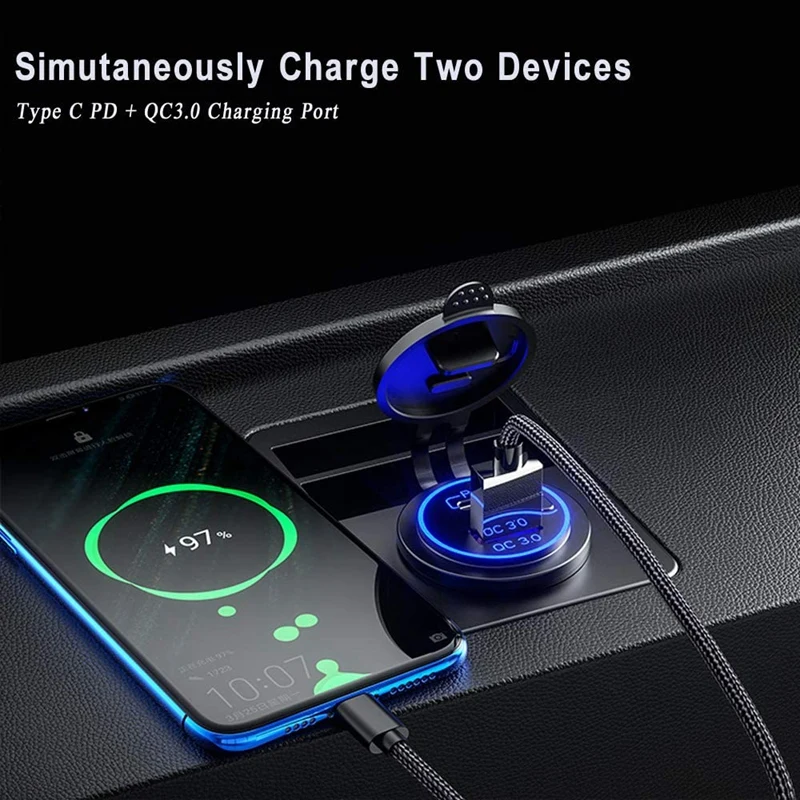 

2X PD Type C USB Car Charger And QC 3.0 Quick Charger 12V Power Outlet Socket With ON/Off Switch For Motorcycle RV ATV