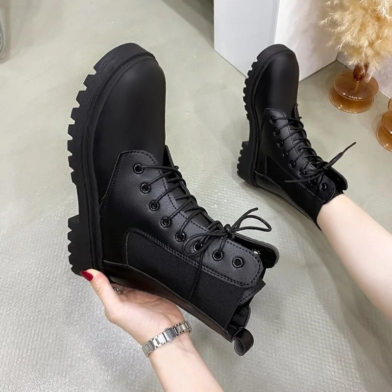 

Large size short boots female autumn winter eurAmerican new style thick heel strap add velvet Martin boots