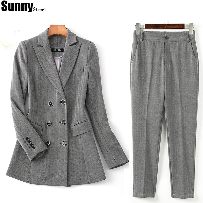 Женский серый костюм для офиса комплект из 2 предметов в елочку саржевого