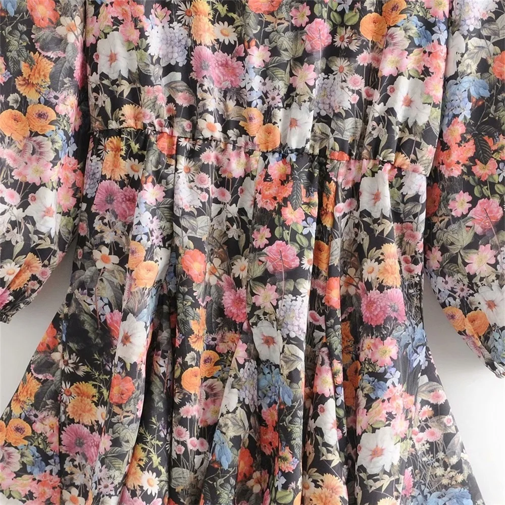 

2020 Spring Women's New Fashion Wild Retro V-Neck Long Sleeve Pullover Loose Loose Printing Mini Dress