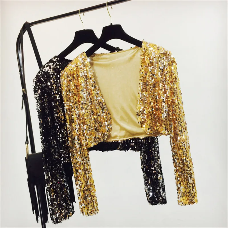 

Sparkly Sexy Women Sequin Cardigan Jacket Coat Long Sleeve Short Cropped Bolero Shrug Clubwear Vintage Party Costumes A45