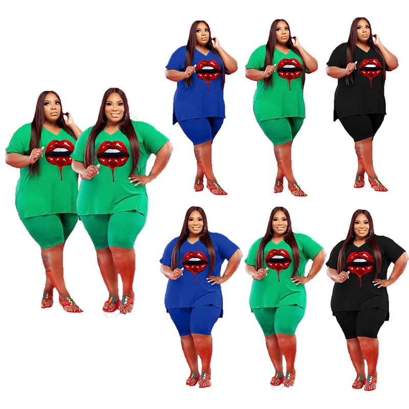 Summer 2021 European and American women's V-neck plus size 5X red lips casual two-piece set YM178