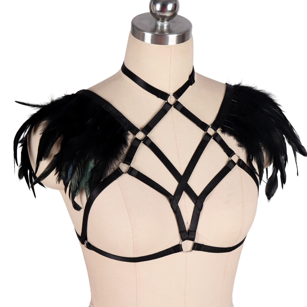 Экзотические аксессуары в стиле панк с перьями БДСМ боди-портупея бюстгальтер