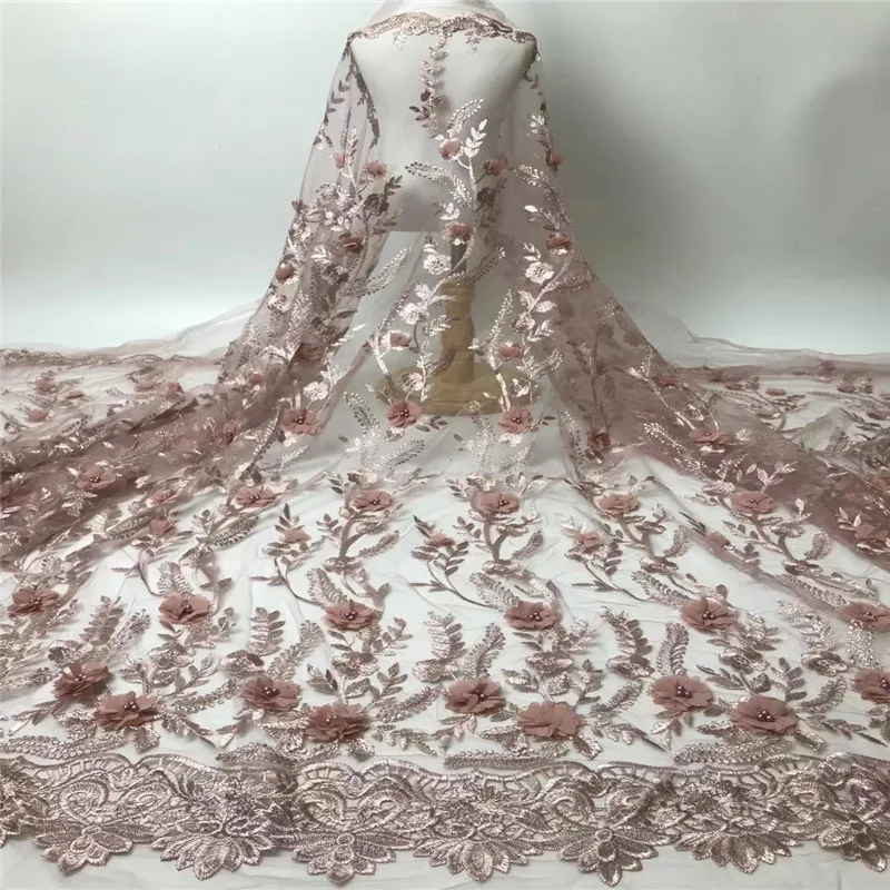 

High Quality African Lace Fabrics/French Net Embroidery Peach 3 D Flowers Tulle Lace Fabric French Lace Fabric hx-125
