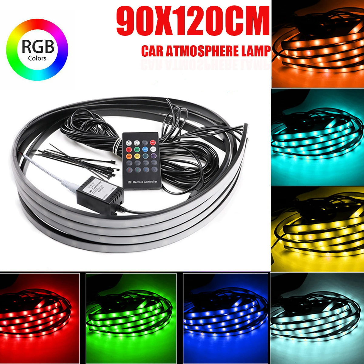 

4PCS 90*120cm Car Underglow Flexible Strip Light LED Music Remote Control RGB Tube Underbody Neon Decorative Atmosphere Lamp 12V