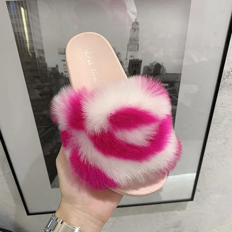 Сланцы женские с искусственным мехом розовые пушистые сандалии Нескользящие