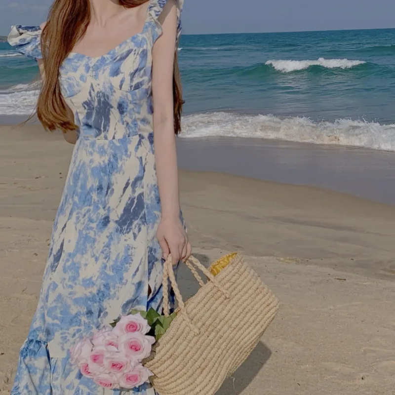 

New Fashion Summer Vintage Holiday Beach Split Maxi Dress Women Elegant Sexy Spaghetti Strap Dress Vestidos Mujer Verano 2021