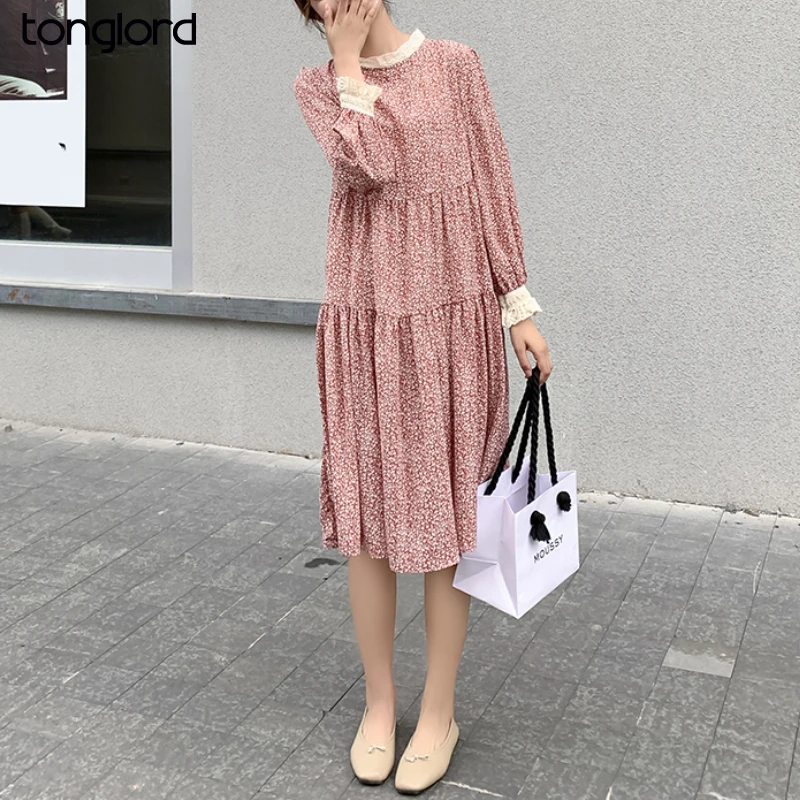 

Women Chiffon Dress 2021 Spring Autumn New Fashion Female Long Sleeve Vintage Floral Printed Casual Dress Loose A-line Vestidos
