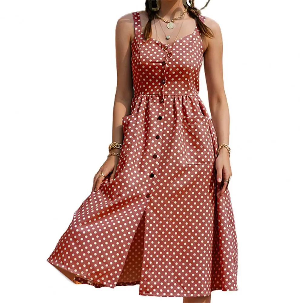 

2021 Summer Women Elegant Dot Print Mid-length Sleeveless Single-breasted Midi Dress Beachwear Daily Life